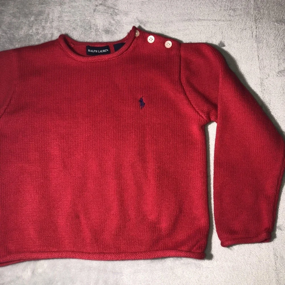 Ralph Lauren Rolled Neck Sweater‎ Girl Sz 4/5 Red Button Shoulder Logo Japan y2K